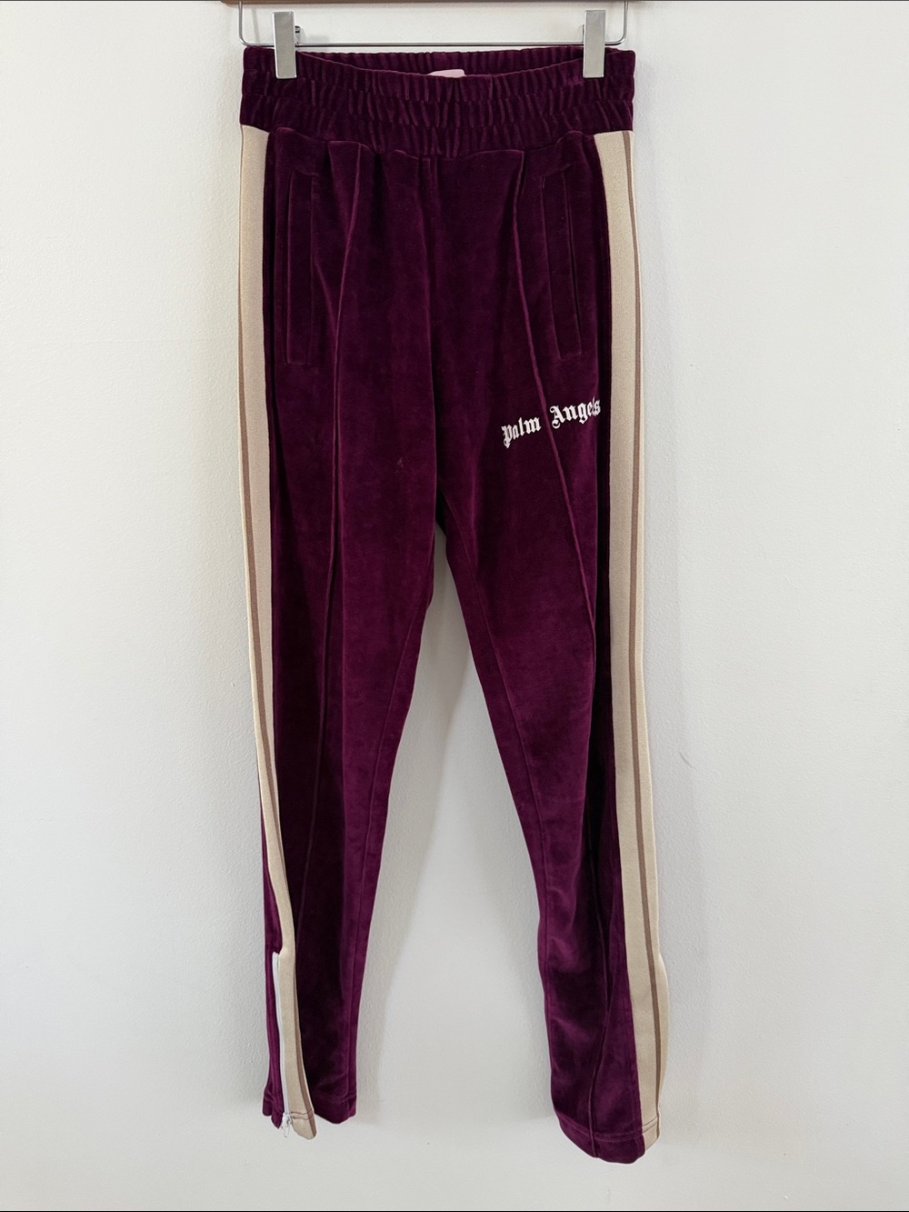 Palm Angels Plum Velour Joggers with Cream Side Stripes EUC